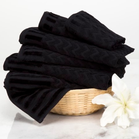 6-Piece Cotton Deluxe Plush Bath Towel Set, Chevron Pattern Spa Luxury Decorative Towels (Black)